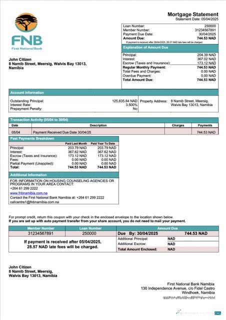 Namibia First National Bank Namibia Limited mortgage statement Word and PDF template
